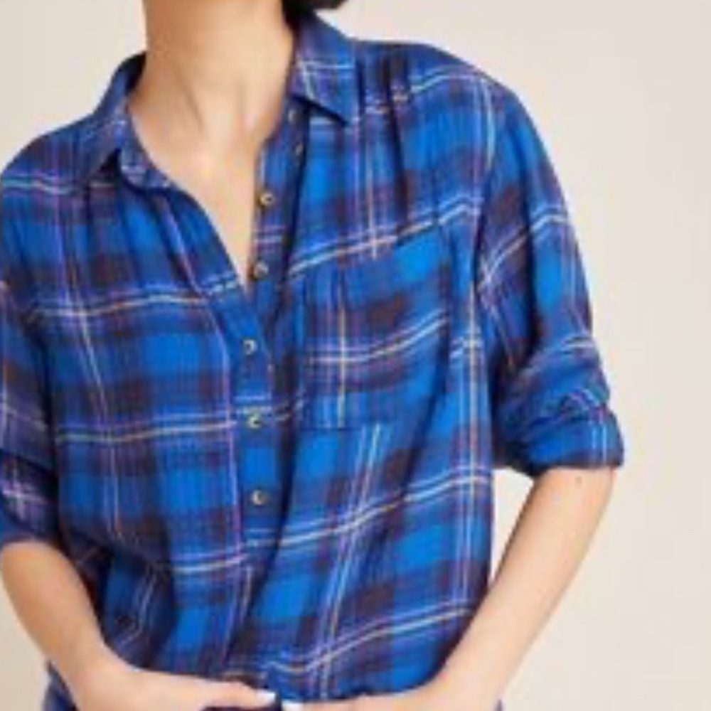 ANTHROPOLOGIE BLUE PLAID ISADORA BUTTON BACK TUNIC BLOUSE WOMENS SZ SMALL PETITE